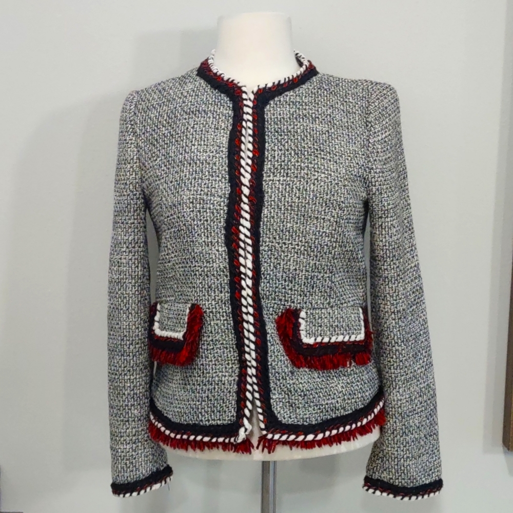 Zara Silver Tweed Blazer With Chenille Fringe Trim Size Medium EUC